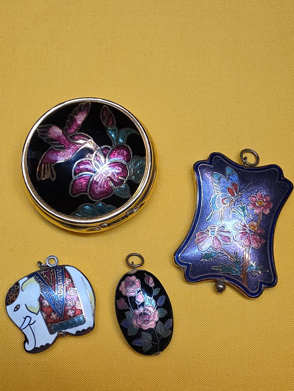 Vintage Cloisonné Enamel Jewelry & Pill Box Lot - 4pc Floral & Elephant Set
